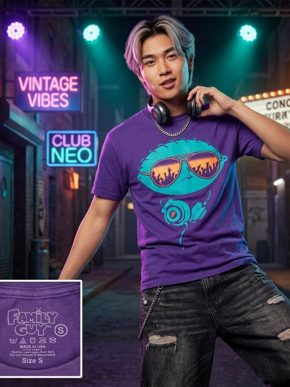 Family Guy Stewie T-Shirt Men's Small Purple Neon Glasses Concert Cotton Y2K USA